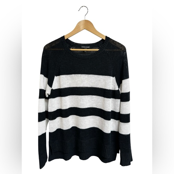 Eileen Fisher Linen Cotton Blend Black White Striped Crew Sweater Sz L - Picture 2 of 7